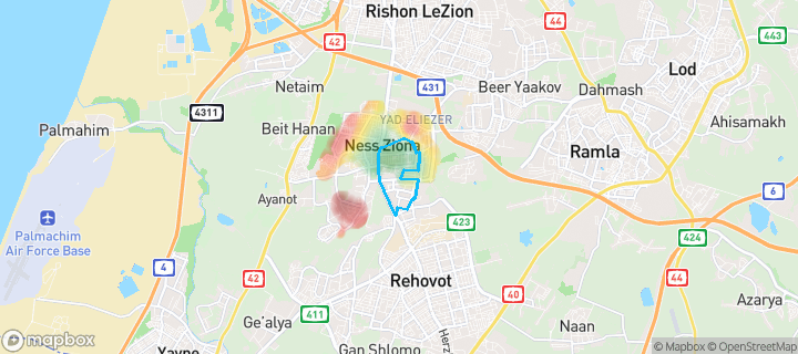 מפת חום של מחירי הנדל"ן בשכונת גבעת נוף, נס ציונה — אזורים יקרים בגווני חם, אזורים זולים בגווני קר