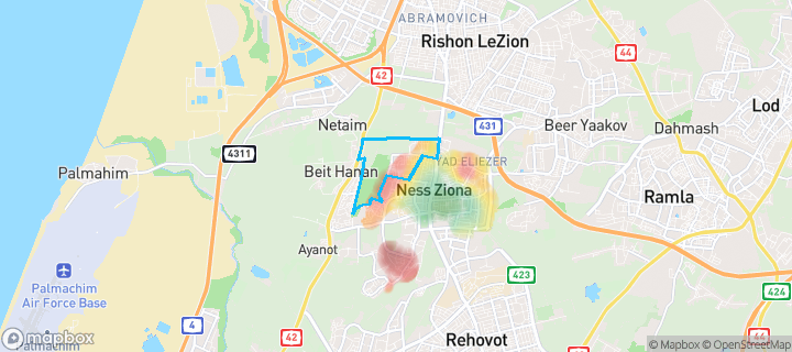 מפת חום של מחירי הנדל"ן בשכונת גני איריס, נס ציונה — אזורים יקרים בגווני חם, אזורים זולים בגווני קר
