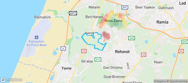 מפת חום של מחירי הנדל"ן בשכונת דרום מערב, נס ציונה — אזורים יקרים בגווני חם, אזורים זולים בגווני קר