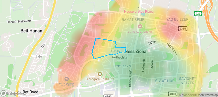 מפת חום של מחירי הנדל"ן בשכונת הדרי סמל, נס ציונה — אזורים יקרים בגווני חם, אזורים זולים בגווני קר