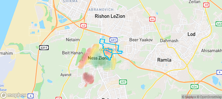 מפת חום של מחירי הנדל"ן בשכונת יד אליעזר, נס ציונה — אזורים יקרים בגווני חם, אזורים זולים בגווני קר