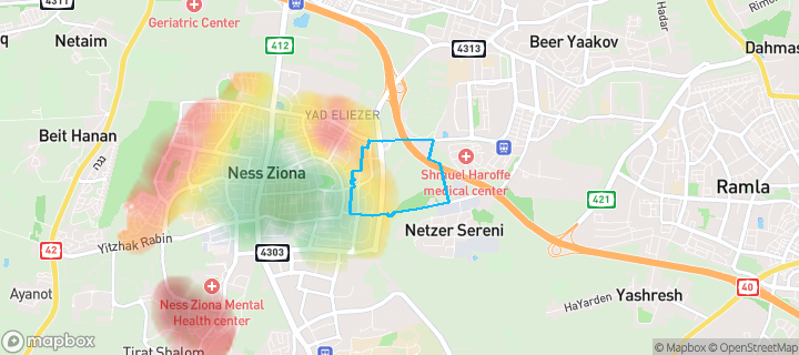 מפת חום של מחירי הנדל"ן בשכונת לב המושבה, נס ציונה — אזורים יקרים בגווני חם, אזורים זולים בגווני קר