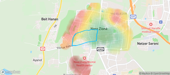 מפת חום של מחירי הנדל"ן בשכונת מערב ותיק, נס ציונה — אזורים יקרים בגווני חם, אזורים זולים בגווני קר