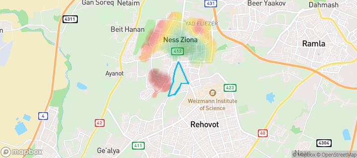 מפת חום של מחירי הנדל"ן בשכונת נווה עמית, נס ציונה — אזורים יקרים בגווני חם, אזורים זולים בגווני קר