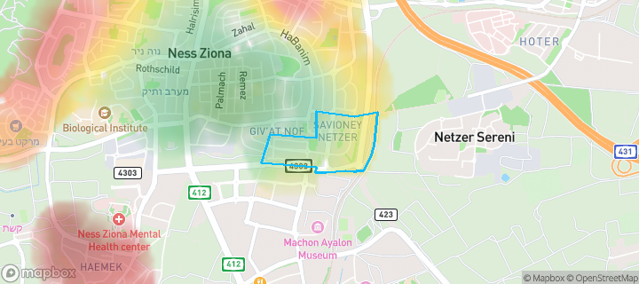 מפת חום של מחירי הנדל"ן בשכונת סביוני נצר, נס ציונה — אזורים יקרים בגווני חם, אזורים זולים בגווני קר