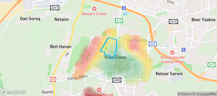 מפת חום של מחירי הנדל"ן בשכונת רמת בן צבי, נס ציונה — אזורים יקרים בגווני חם, אזורים זולים בגווני קר