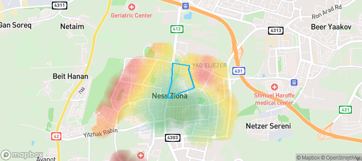 מפת חום של מחירי הנדל"ן בשכונת רמת סמל, נס ציונה — אזורים יקרים בגווני חם, אזורים זולים בגווני קר