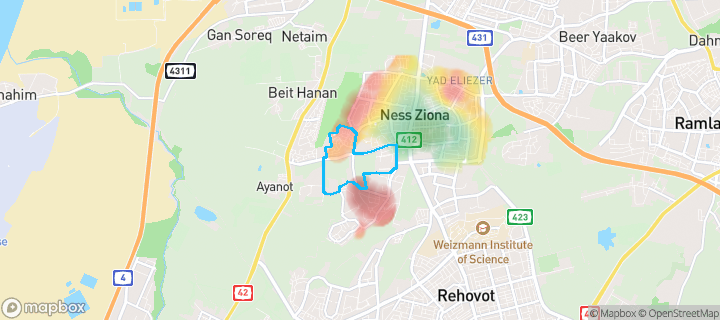 מפת חום של מחירי הנדל"ן בשכונת שמורת מליבו, נס ציונה — אזורים יקרים בגווני חם, אזורים זולים בגווני קר