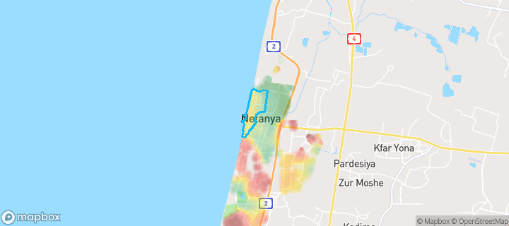 מפת חום של מחירי הנדל"ן בשכונת מכנס, נתניה — אזורים יקרים בגווני חם, אזורים זולים בגווני קר