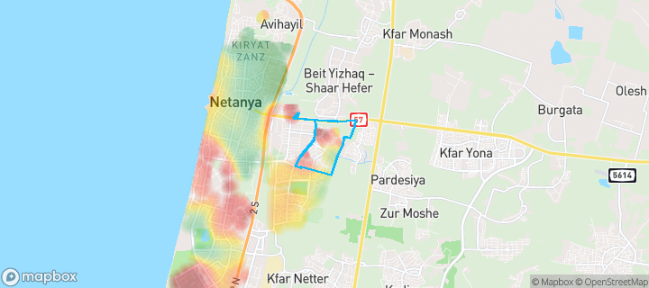 מפת חום של מחירי הנדל"ן בשכונת נאות גנים, נתניה — אזורים יקרים בגווני חם, אזורים זולים בגווני קר