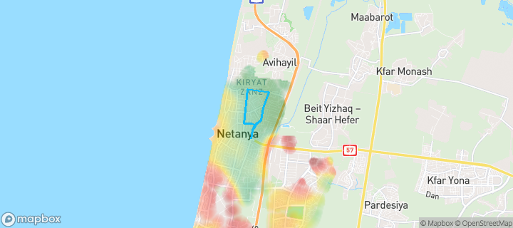 מפת חום של מחירי הנדל"ן בשכונת שיכון המזרחי, נתניה — אזורים יקרים בגווני חם, אזורים זולים בגווני קר