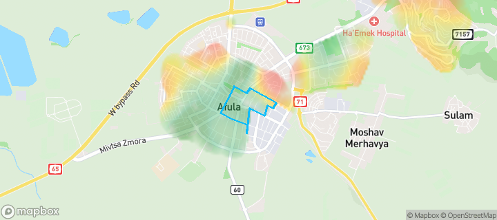 מפת חום של מחירי הנדל"ן בשכונת דרום מערב 2, עפולה — אזורים יקרים בגווני חם, אזורים זולים בגווני קר