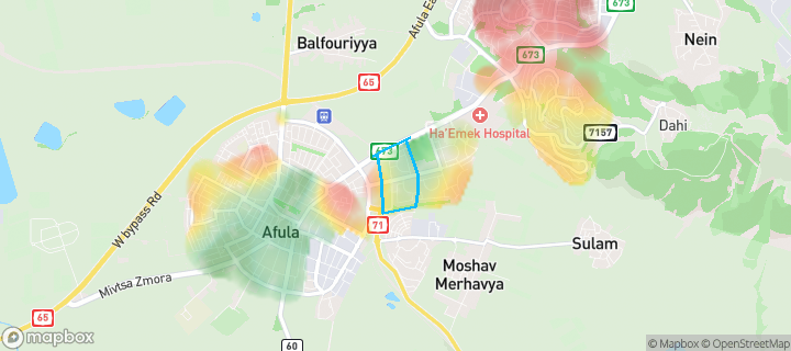 מפת חום של מחירי הנדל"ן בשכונת דרום, עפולה — אזורים יקרים בגווני חם, אזורים זולים בגווני קר