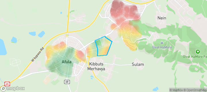 מפת חום של מחירי הנדל"ן בשכונת מזרח 3, עפולה — אזורים יקרים בגווני חם, אזורים זולים בגווני קר