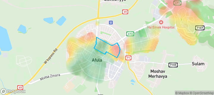 מפת חום של מחירי הנדל"ן בשכונת מערב 2, עפולה — אזורים יקרים בגווני חם, אזורים זולים בגווני קר