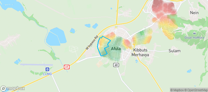 מפת חום של מחירי הנדל"ן בשכונת מערב 5, עפולה — אזורים יקרים בגווני חם, אזורים זולים בגווני קר
