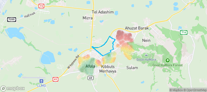 מפת חום של מחירי הנדל"ן בשכונת צפון, עפולה — אזורים יקרים בגווני חם, אזורים זולים בגווני קר