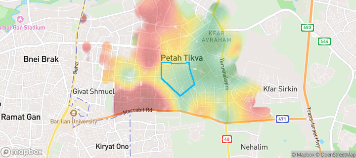 מפת חום של מחירי הנדל"ן בשכונת המרכז השקט, פתח תקווה — אזורים יקרים בגווני חם, אזורים זולים בגווני קר