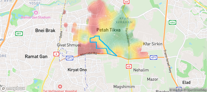 מפת חום של מחירי הנדל"ן בשכונת כפר גנים ב', פתח תקווה — אזורים יקרים בגווני חם, אזורים זולים בגווני קר