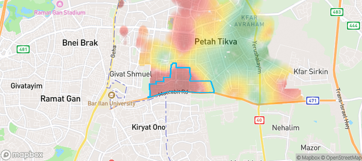 מפת חום של מחירי הנדל"ן בשכונת כפר גנים ג', פתח תקווה — אזורים יקרים בגווני חם, אזורים זולים בגווני קר