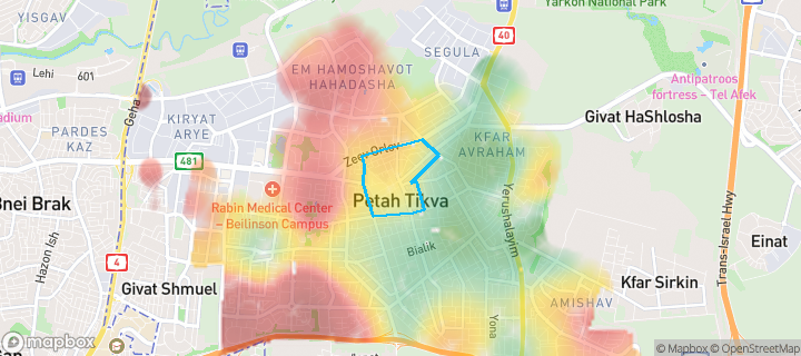 מפת חום של מחירי הנדל"ן בשכונת לב המושבה, פתח תקווה — אזורים יקרים בגווני חם, אזורים זולים בגווני קר