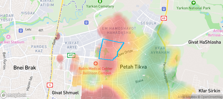 מפת חום של מחירי הנדל"ן בשכונת נווה גן, פתח תקווה — אזורים יקרים בגווני חם, אזורים זולים בגווני קר