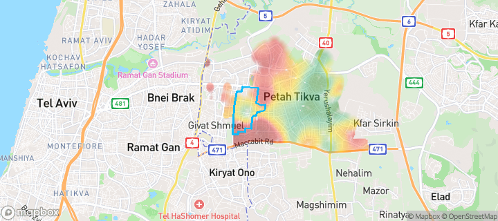 מפת חום של מחירי הנדל"ן בשכונת נווה גנים, פתח תקווה — אזורים יקרים בגווני חם, אזורים זולים בגווני קר