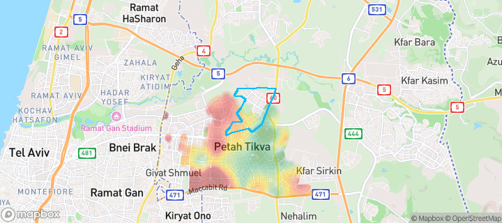 מפת חום של מחירי הנדל"ן בשכונת סגולה, פתח תקווה — אזורים יקרים בגווני חם, אזורים זולים בגווני קר