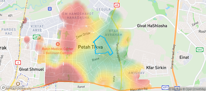 מפת חום של מחירי הנדל"ן בשכונת עין גנים, פתח תקווה — אזורים יקרים בגווני חם, אזורים זולים בגווני קר