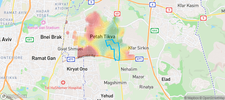 מפת חום של מחירי הנדל"ן בשכונת שעריה, פתח תקווה — אזורים יקרים בגווני חם, אזורים זולים בגווני קר