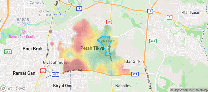 מפת חום של מחירי הנדל"ן בשכונת תקומה, פתח תקווה — אזורים יקרים בגווני חם, אזורים זולים בגווני קר