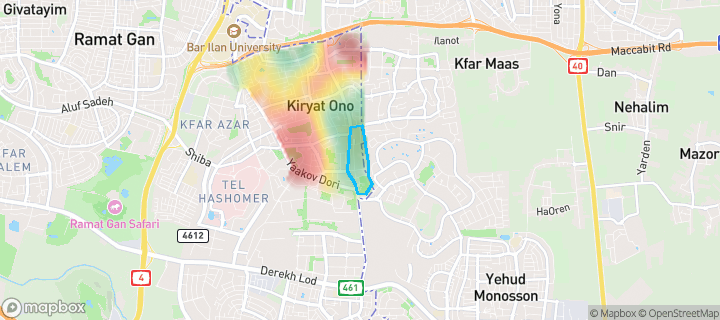 מפת חום של מחירי הנדל"ן בשכונת דרום מזרח, קריית אונו — אזורים יקרים בגווני חם, אזורים זולים בגווני קר