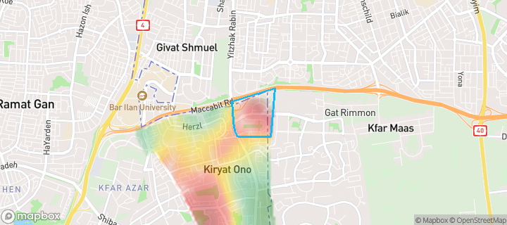 מפת חום של מחירי הנדל"ן בשכונת פסגת אונו, קריית אונו — אזורים יקרים בגווני חם, אזורים זולים בגווני קר