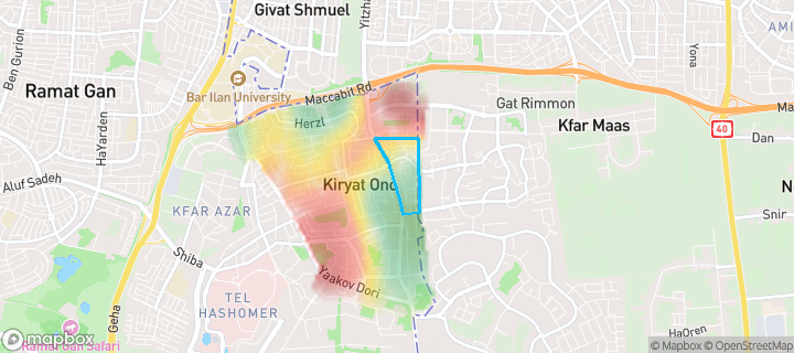 מפת חום של מחירי הנדל"ן בשכונת צפון מזרח, קריית אונו — אזורים יקרים בגווני חם, אזורים זולים בגווני קר