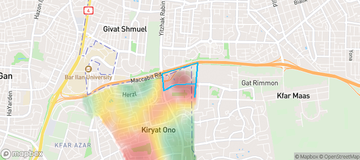 מפת חום של מחירי הנדל"ן בשכונת צפון, קריית אונו — אזורים יקרים בגווני חם, אזורים זולים בגווני קר