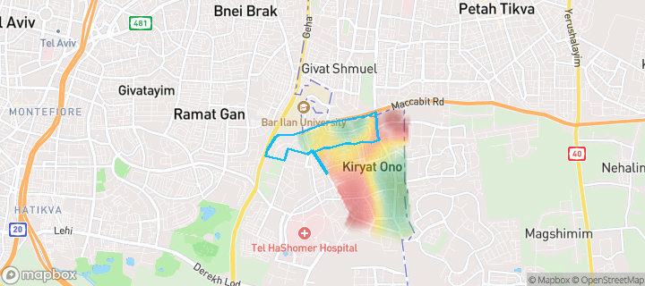 מפת חום של מחירי הנדל"ן בשכונת רמת אילן, קריית אונו — אזורים יקרים בגווני חם, אזורים זולים בגווני קר