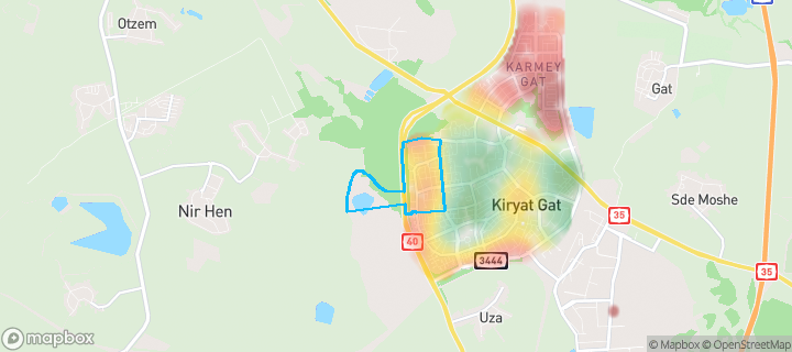 מפת חום של מחירי הנדל"ן בשכונת אתרי המקרא, קריית גת — אזורים יקרים בגווני חם, אזורים זולים בגווני קר