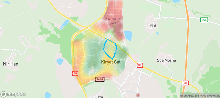 מפת חום של מחירי הנדל"ן בשכונת בני ישראל, קריית גת — אזורים יקרים בגווני חם, אזורים זולים בגווני קר