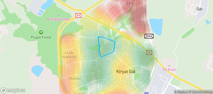 מפת חום של מחירי הנדל"ן בשכונת השופטים, קריית גת — אזורים יקרים בגווני חם, אזורים זולים בגווני קר