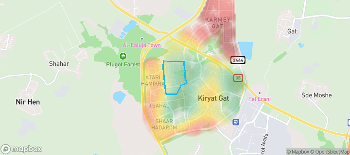 מפת חום של מחירי הנדל"ן בשכונת מלכי ישראל, קריית גת — אזורים יקרים בגווני חם, אזורים זולים בגווני קר