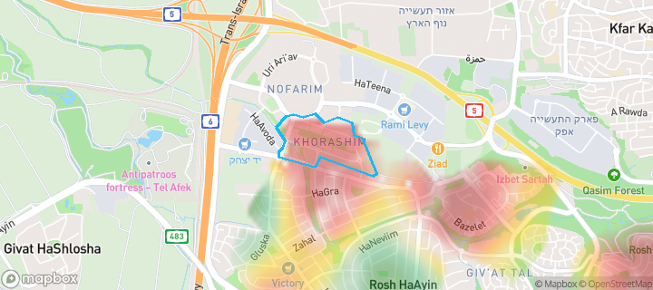 מפת חום של מחירי הנדל"ן בשכונת חורשים, ראש העין — אזורים יקרים בגווני חם, אזורים זולים בגווני קר