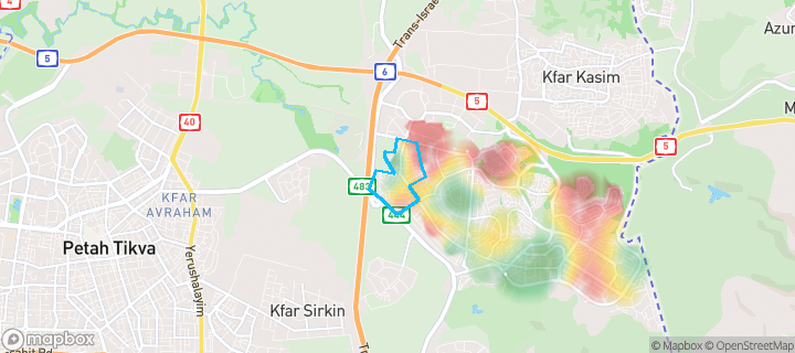 מפת חום של מחירי הנדל"ן בשכונת רמב"ם, ראש העין — אזורים יקרים בגווני חם, אזורים זולים בגווני קר