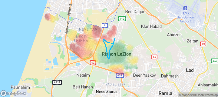 מפת חום של מחירי הנדל"ן בשכונת אברמוביץ, ראשון לציון — אזורים יקרים בגווני חם, אזורים זולים בגווני קר