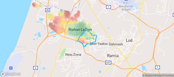 מפת חום של מחירי הנדל"ן בשכונת גורדון, ראשון לציון — אזורים יקרים בגווני חם, אזורים זולים בגווני קר