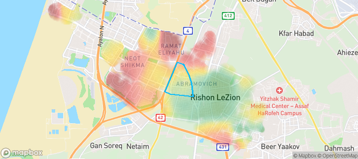 מפת חום של מחירי הנדל"ן בשכונת כצנלסון, ראשון לציון — אזורים יקרים בגווני חם, אזורים זולים בגווני קר