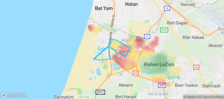 מפת חום של מחירי הנדל"ן בשכונת נאות שיקמה, ראשון לציון — אזורים יקרים בגווני חם, אזורים זולים בגווני קר