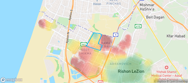 מפת חום של מחירי הנדל"ן בשכונת נווה ים, ראשון לציון — אזורים יקרים בגווני חם, אזורים זולים בגווני קר