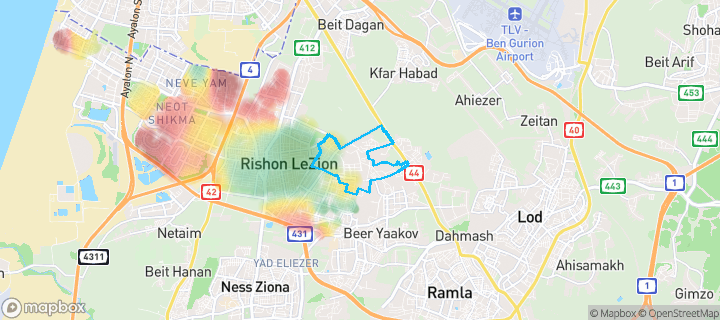 מפת חום של מחירי הנדל"ן בשכונת נוריות, ראשון לציון — אזורים יקרים בגווני חם, אזורים זולים בגווני קר
