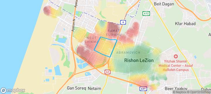 מפת חום של מחירי הנדל"ן בשכונת קריית ראשון, ראשון לציון — אזורים יקרים בגווני חם, אזורים זולים בגווני קר