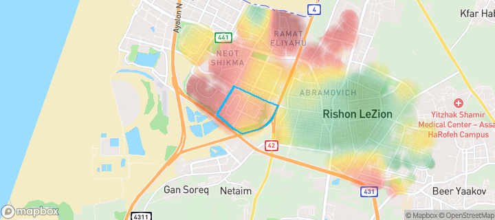 מפת חום של מחירי הנדל"ן בשכונת קרית גנים, ראשון לציון — אזורים יקרים בגווני חם, אזורים זולים בגווני קר